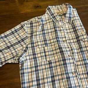Duluth Trading Shirt XL Mens Armachillo Cooling Short Sleeve Orange/Blue Plaid